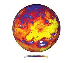 The globe shows outgoing longwave (infrared) radiation emitted by the Earth and atmosphere during the European heatwave of 2003, as determined from the CERES instrument on Aqua.