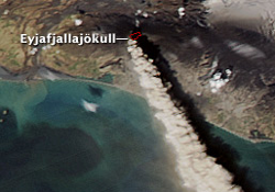 Aqua MODIS image showing plume of ash and steam rising from the Eyjafjallajökull Volcano
